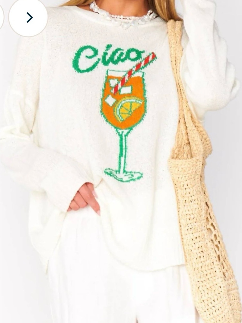 Show Me Your MuMu Cream 'Ciao' Graphic Crewneck Sweater with Orange & Green